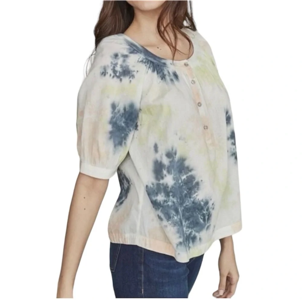 Elizabeth And James Tie Dye Cotton Puff Sleeve Blouse Button Relax Fit Top XL - Picture 1 of 5